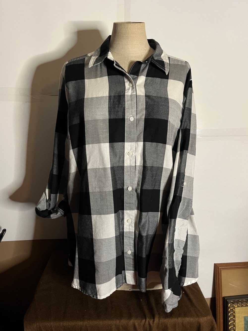 😄Riders by LEE large checked blouse buttons long tail trail ready barn